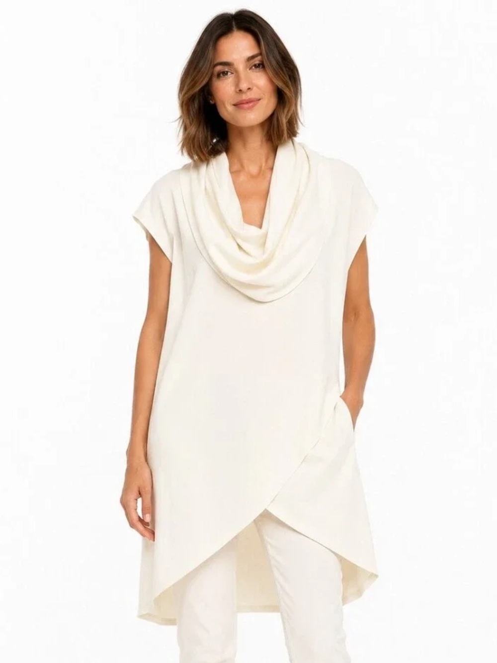 Bryn Walker Lavinia Stretch Jersey Ponte Cowl Neck Crossover High-Low Tunic L